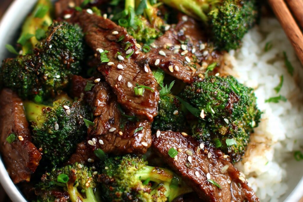 Chinese beef and broccoli stir-fry in white bowl with glossy brown sauce, tender beef slices, and bright green broccoli served over white rice