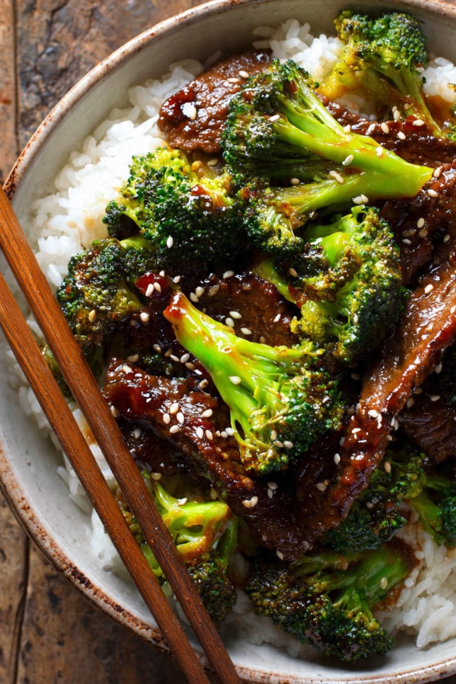 Chinese beef and broccoli stir-fry in white bowl with glossy brown sauce, tender beef slices, and bright green broccoli served over white rice
