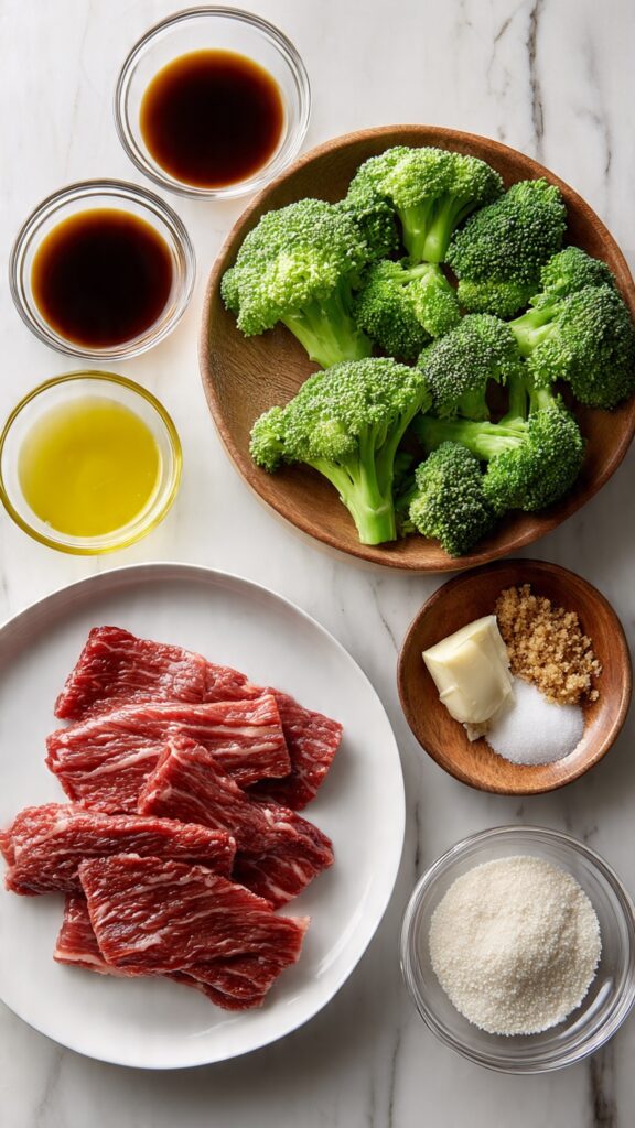 Ingredients for Chinese beef and broccoli including sliced flank steak, fresh broccoli, soy sauce, oyster sauce, garlic, ginger, and cornstarch arranged on white surface