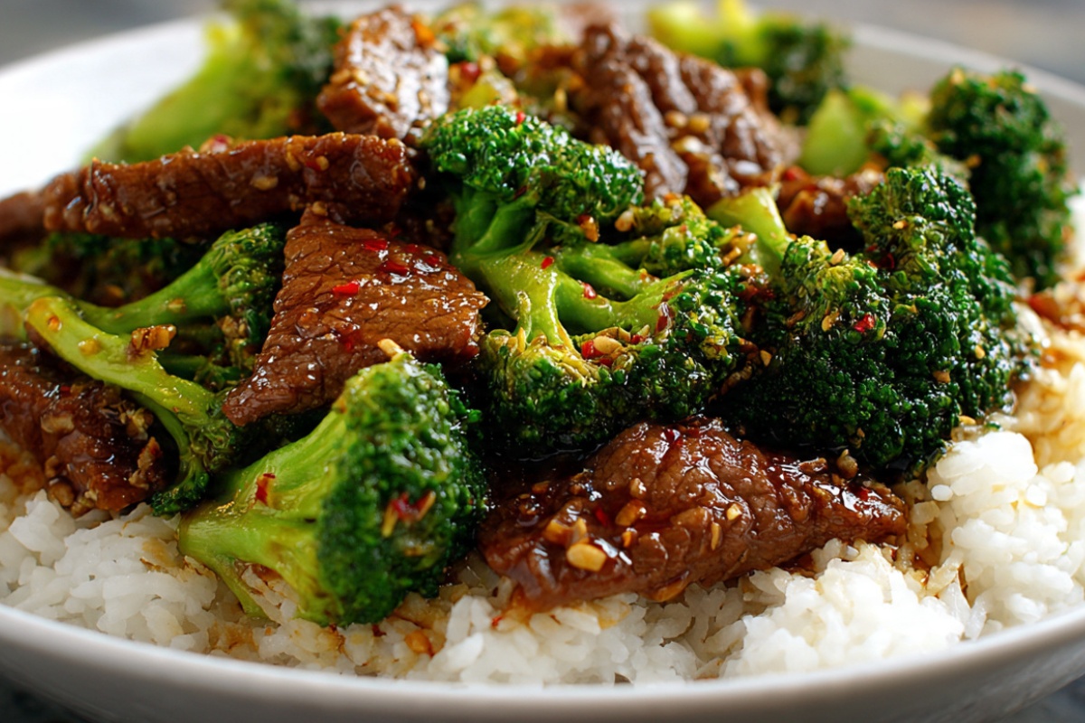 Chinese beef and broccoli stir-fry in white bowl with glossy brown sauce, tender beef slices, and bright green broccoli served over white rice