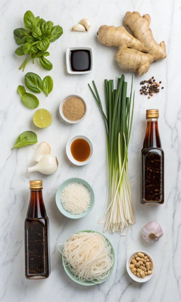 Organized display of Asian cooking essentials including sauces, fresh aromatics, herbs, rice, noodles and spices