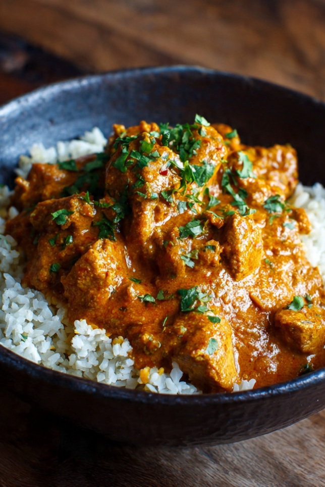 A ceramic bowl of creamy Indian butter chicken with tender chicken pieces in rich tomato-based sauce, topped with cilantro and a drizzle of cream, served alongside basmati rice