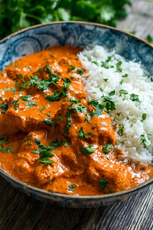 A ceramic bowl of creamy Indian butter chicken with tender chicken pieces in rich tomato-based sauce, topped with cilantro and a drizzle of cream, served alongside basmati rice