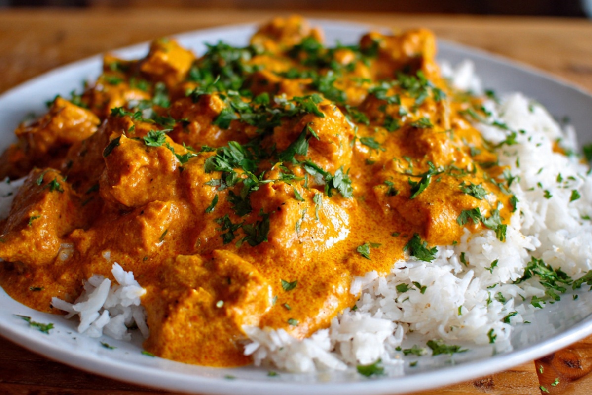A ceramic bowl of creamy Indian butter chicken with tender chicken pieces in rich tomato-based sauce, topped with cilantro and a drizzle of cream, served alongside basmati rice