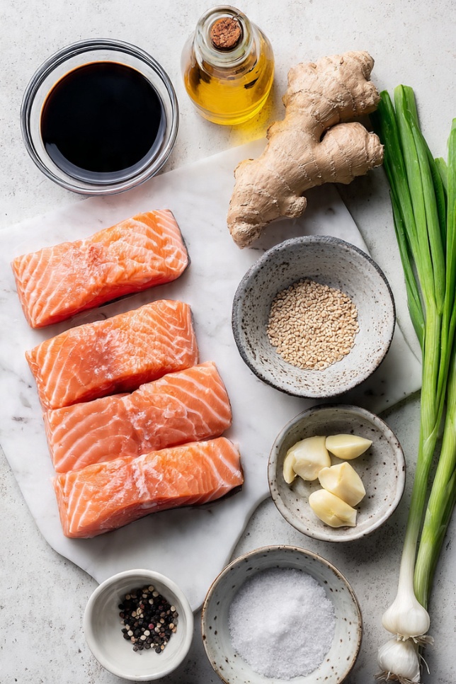 Complete ingredients for teriyaki salmon including fresh salmon fillets, soy sauce, mirin, sake, ginger, garlic, and seasonings arranged on marble surface