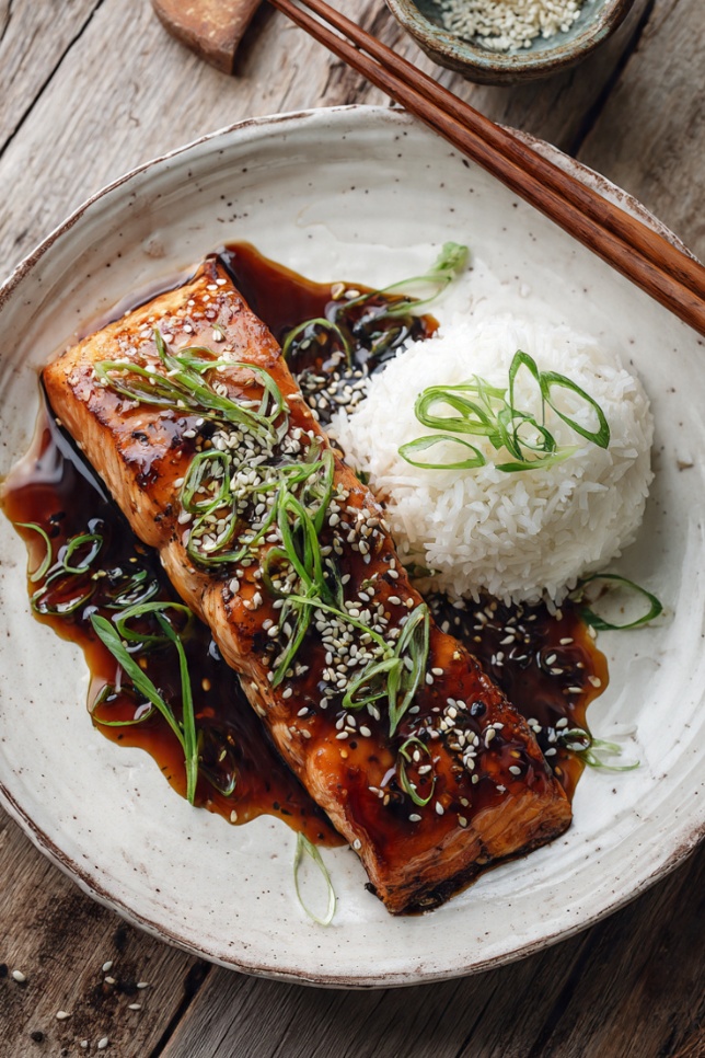 Glazed teriyaki salmon fillet with sesame seeds and green onions served on white plate with rice
