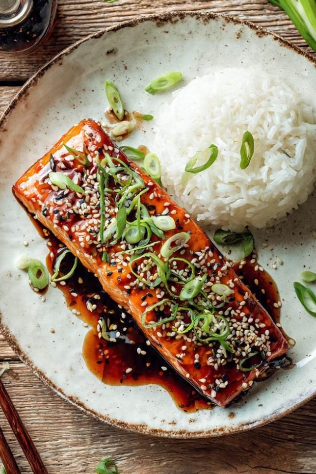 Glazed teriyaki salmon fillet with sesame seeds and green onions served on white plate with rice