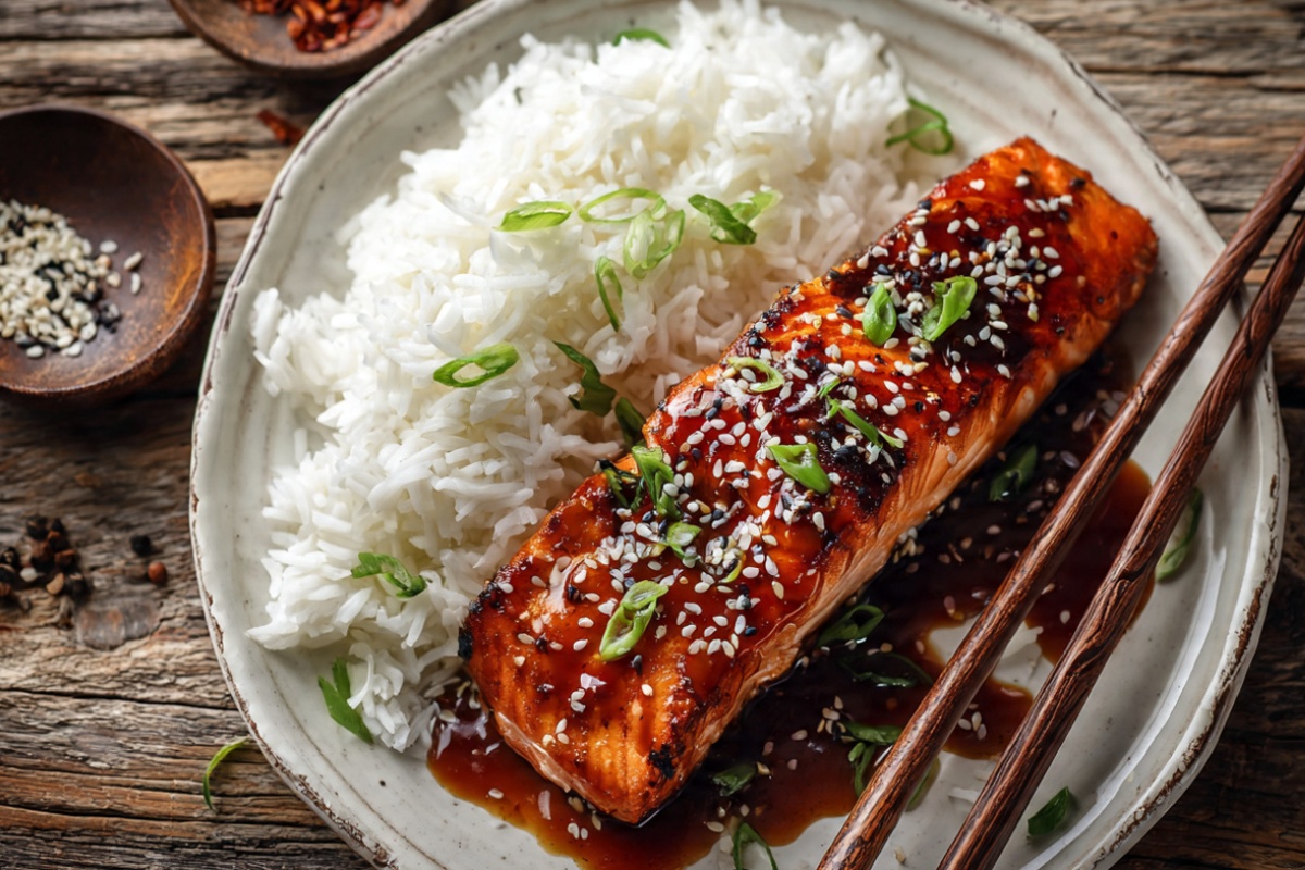 Glazed teriyaki salmon fillet with sesame seeds and green onions served on white plate with rice