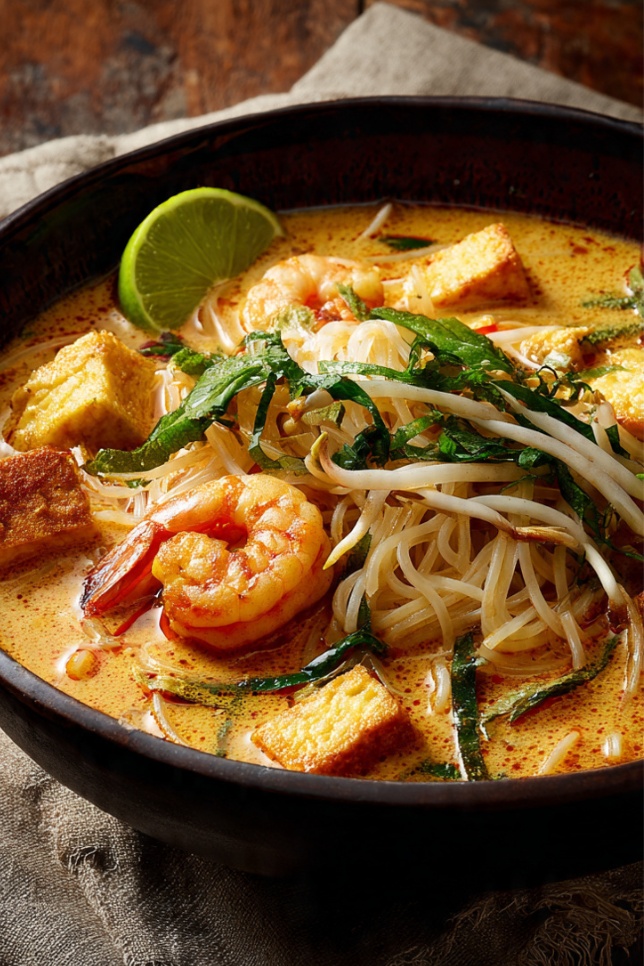 Steaming Malaysian laksa soup with prawns, rice noodles, and creamy coconut curry broth topped with fresh herbs