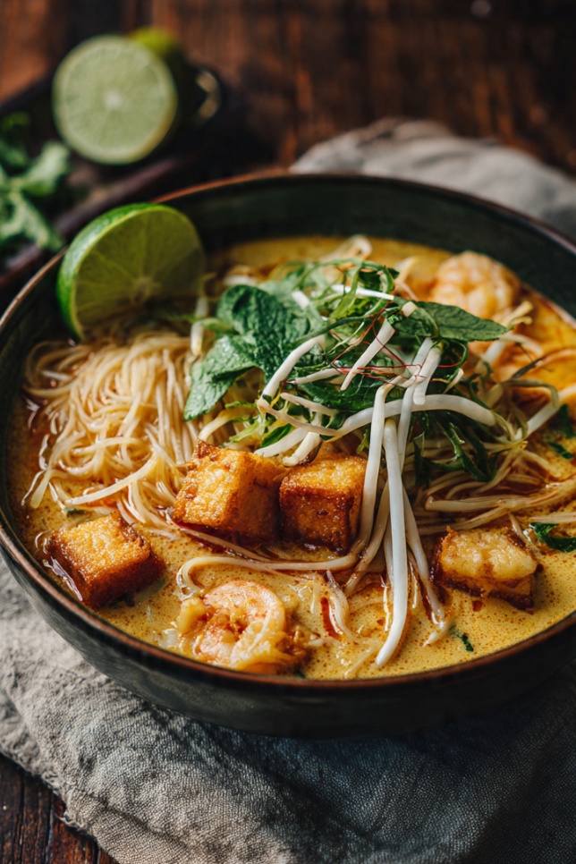 Steaming Malaysian laksa soup with prawns, rice noodles, and creamy coconut curry broth topped with fresh herbs