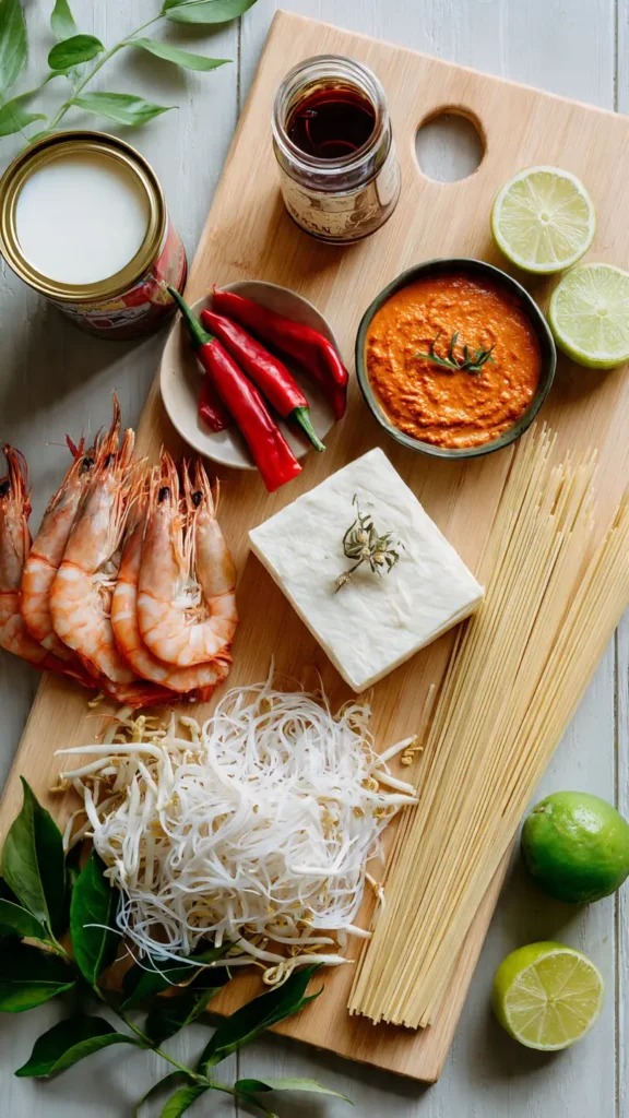 Malaysian laksa soup ingredients including prawns, coconut milk, laksa paste, rice noodles, and fresh herbs arranged on a wooden board