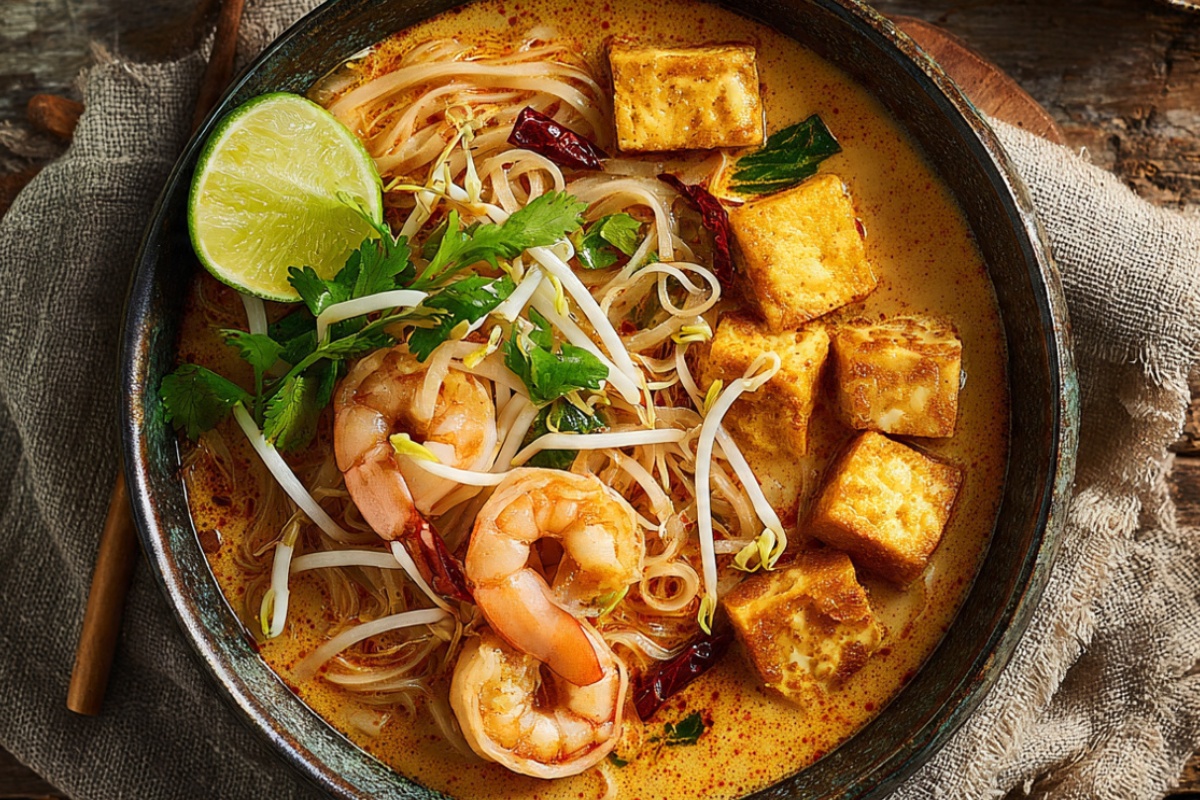 Steaming Malaysian laksa soup with prawns, rice noodles, and creamy coconut curry broth topped with fresh herbs