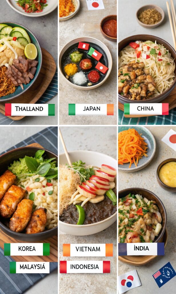 Grid display of authentic dishes representing Thai, Japanese, Chinese, Korean, Vietnamese, Indian, Malaysian and Indonesian cuisines