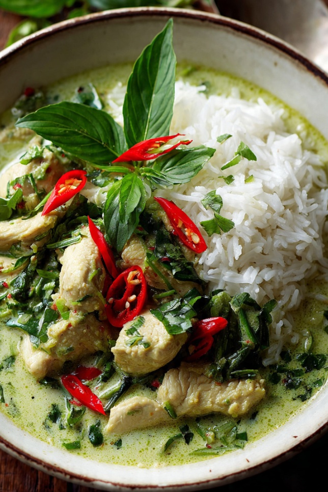 Two servings of Thai green curry chicken with jasmine rice, lime wedges, and Thai basil for a weeknight dinner