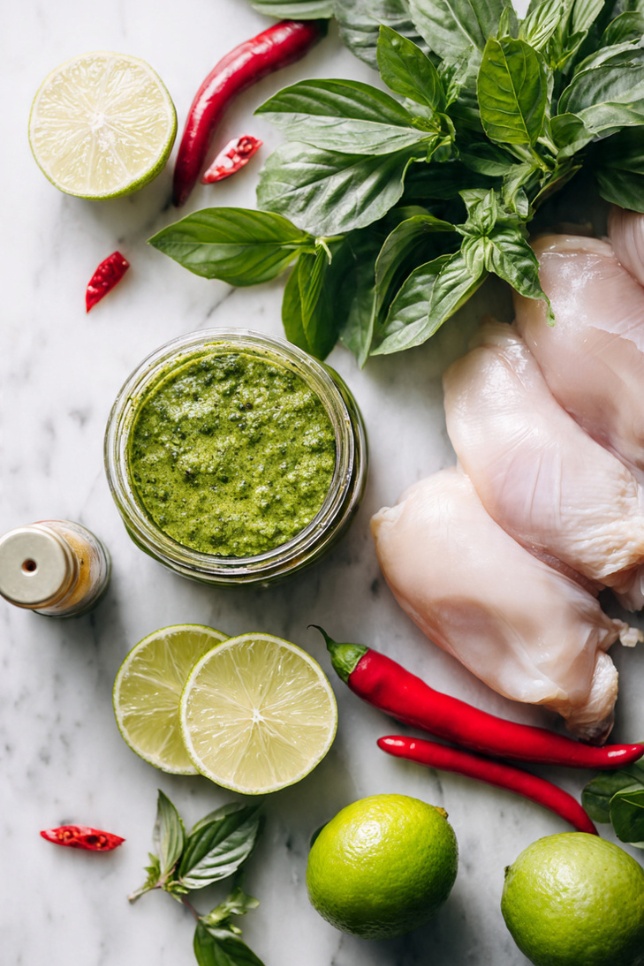 All ingredients needed for Thai green curry chicken including curry paste, coconut milk, chicken, Thai basil, and vegetables