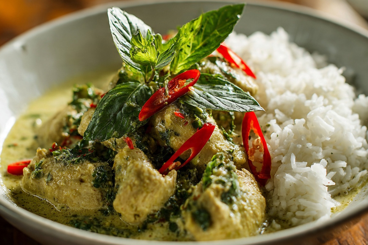 Thai green curry chicken with tender meat in vibrant green coconut sauce, garnished with Thai basil and served over jasmine rice