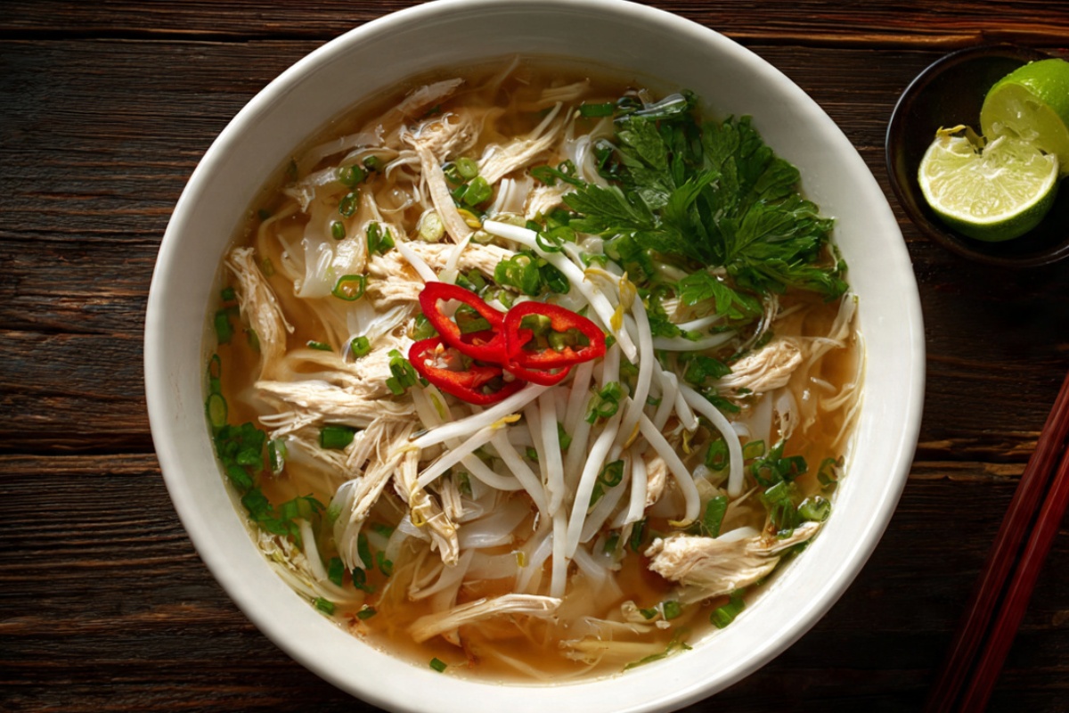 A steaming bowl of Vietnamese pho ga with clear golden broth, tender sliced chicken, silky rice noodles, and fresh Thai basil and cilantro, with lime being squeezed over the top