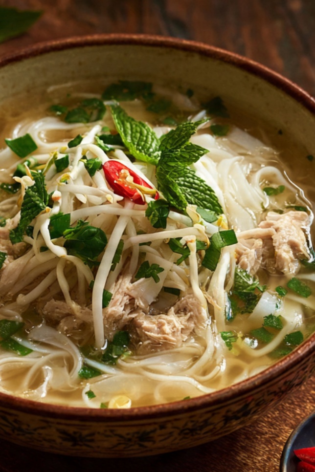 A steaming bowl of Vietnamese pho ga with clear golden broth, tender sliced chicken, silky rice noodles, and fresh Thai basil and cilantro, with lime being squeezed over the top