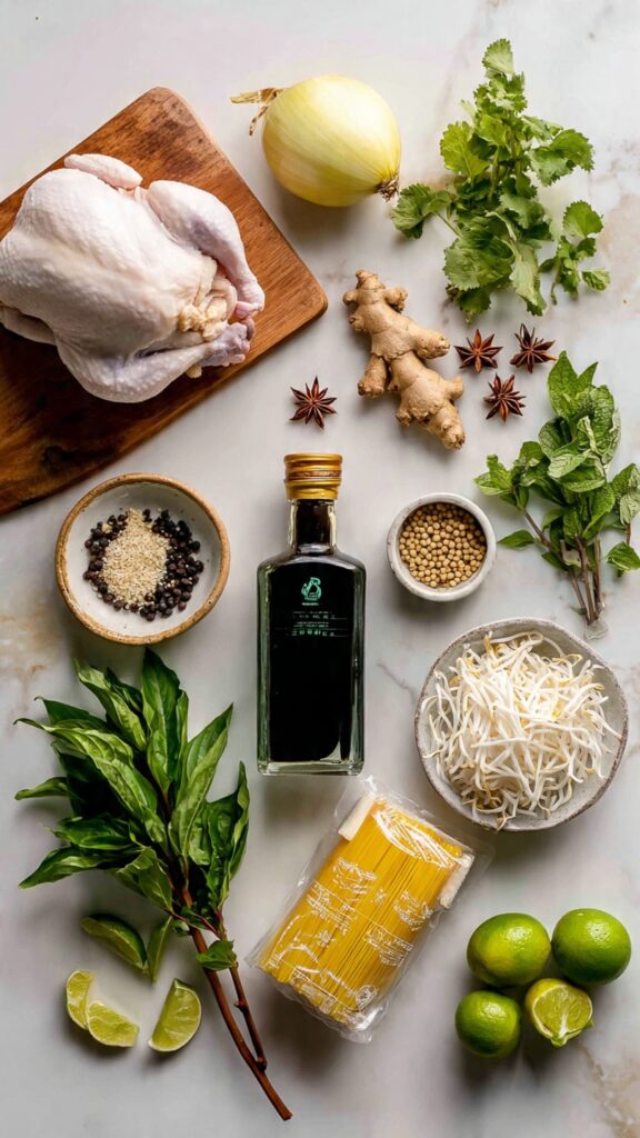 All ingredients for Vietnamese pho ga laid out on marble including whole chicken, star anise, ginger, fresh herbs, dried rice noodles, fish sauce, and limes