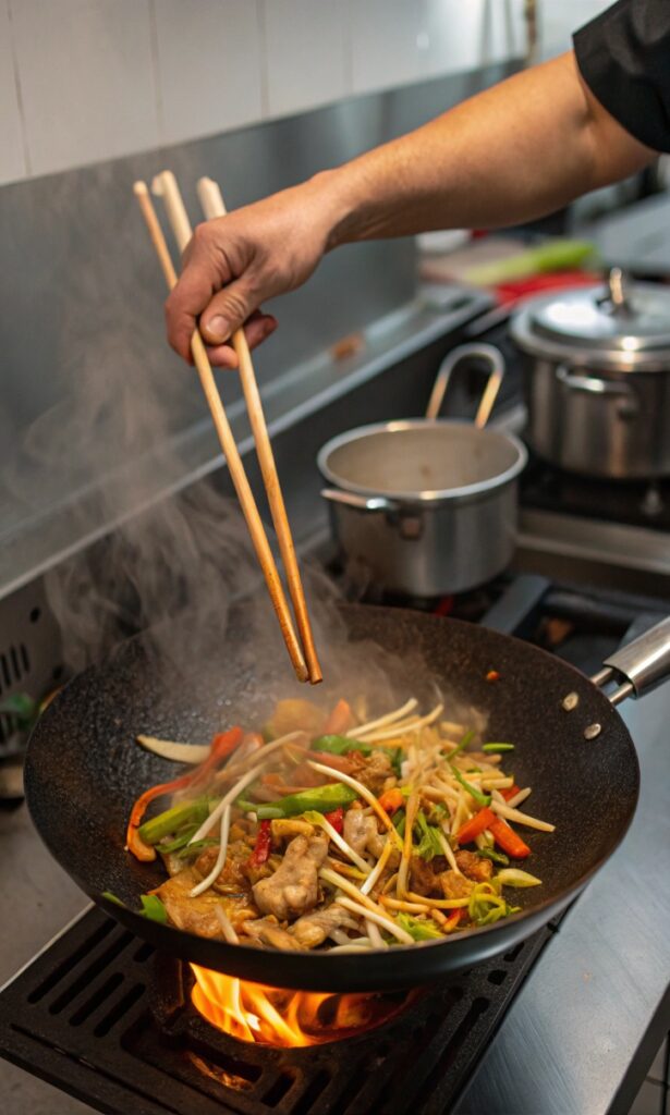 Hands using chopsticks to stir-fry ingredients in smoking hot wok with visible flames