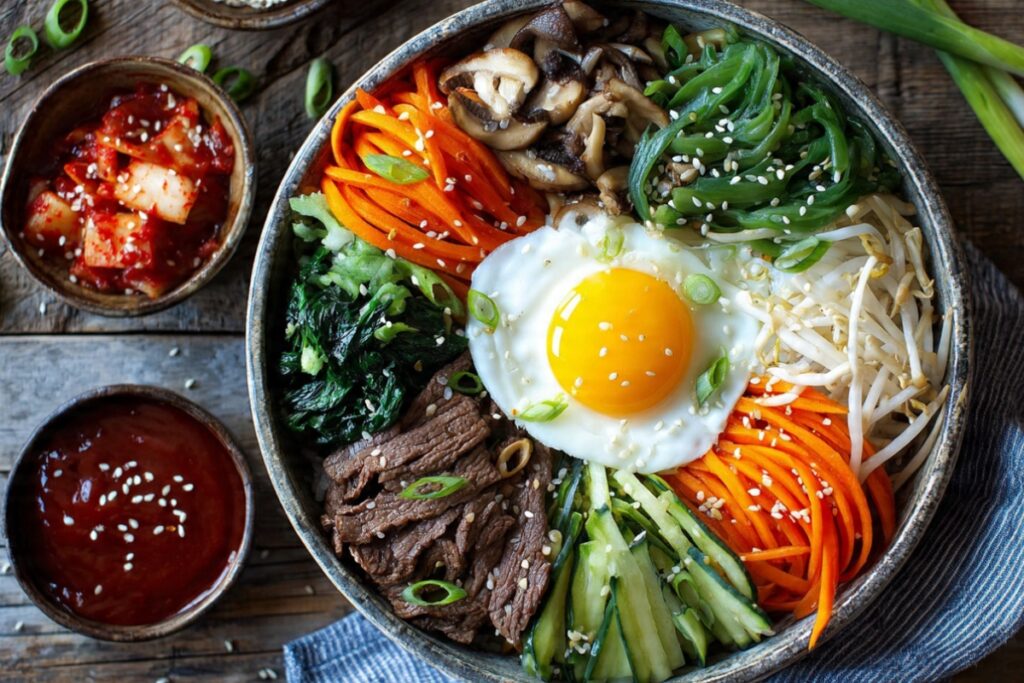 Colorful Korean bibimbap bowl with rice, vegetables, fried egg, and beef served with gochujang sauce