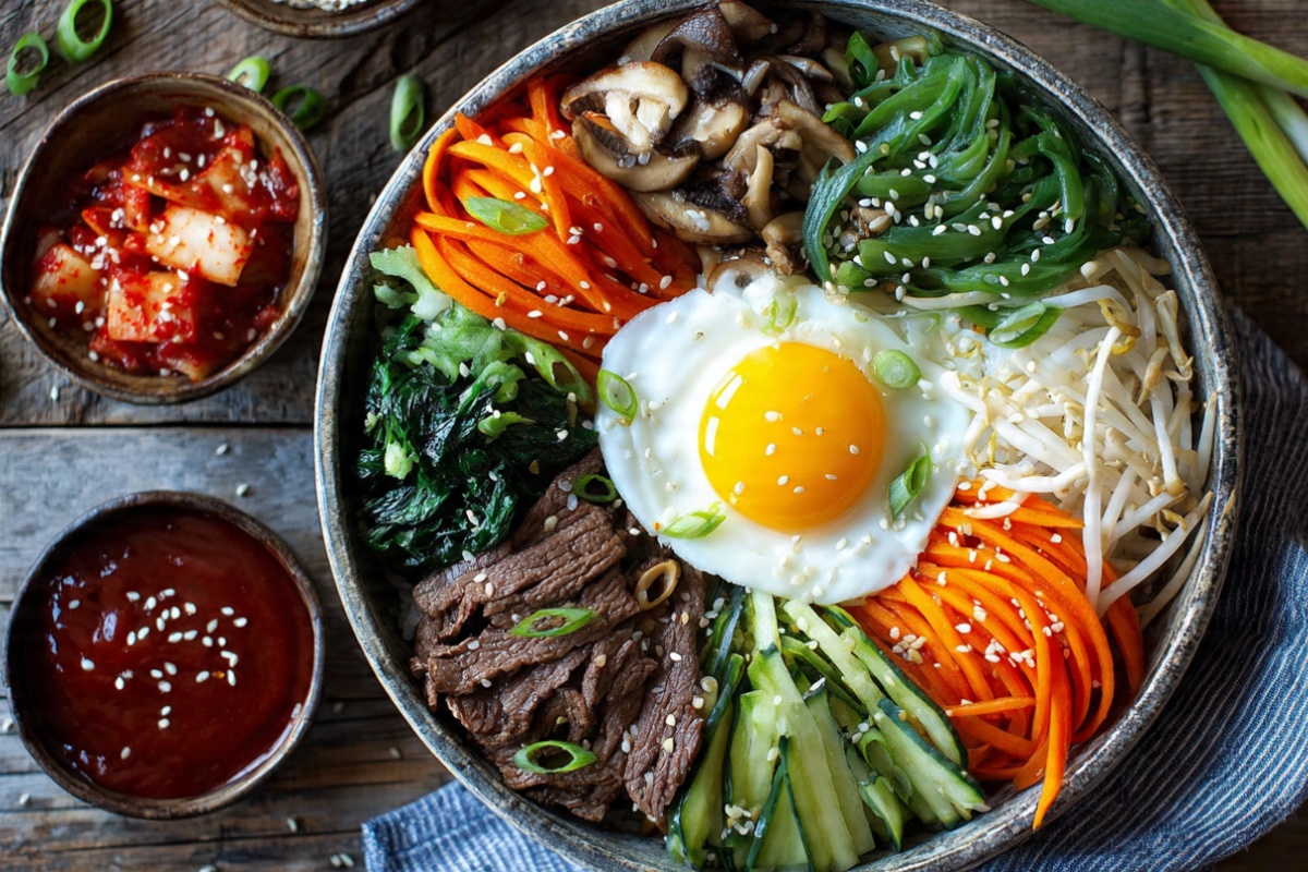 Colorful Korean bibimbap bowl with rice, vegetables, fried egg, and beef served with gochujang sauce
