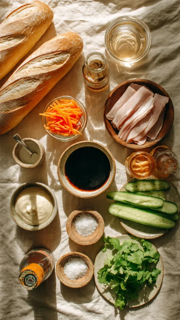 Flat lay of all ingredients for Vietnamese banh mi including baguettes, pork, pickled vegetables, cilantro, jalapeƱos, cucumber, and condiments on wooden surface
