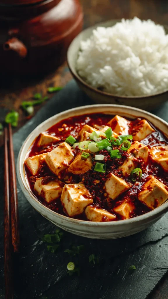 Bowl of Chinese mapo tofu with silky tofu cubes in spicy red Sichuan sauce garnished with scallions