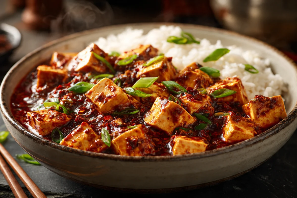 Bowl of Chinese mapo tofu with silky tofu cubes in spicy red Sichuan sauce garnished with scallions