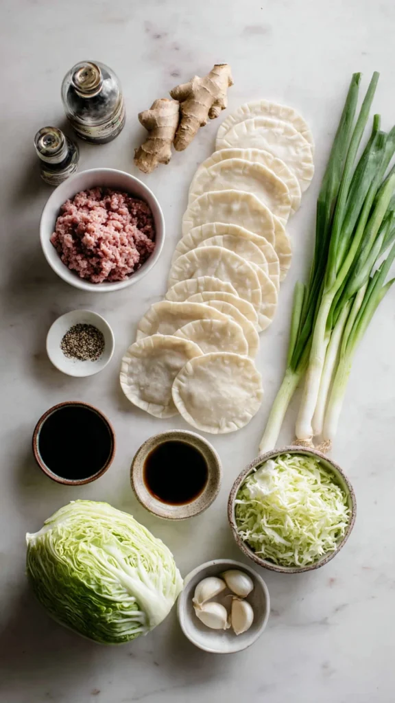 Fresh ingredients for homemade Chinese dumplings including pork, napa cabbage, ginger, and dumpling wrappers