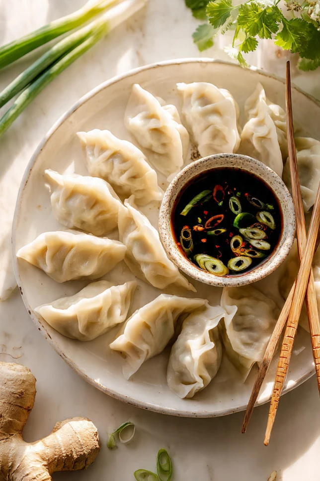 Homemade Chinese dumplings (jiaozi) arranged on a white plate with soy dipping sauce and chopsticks