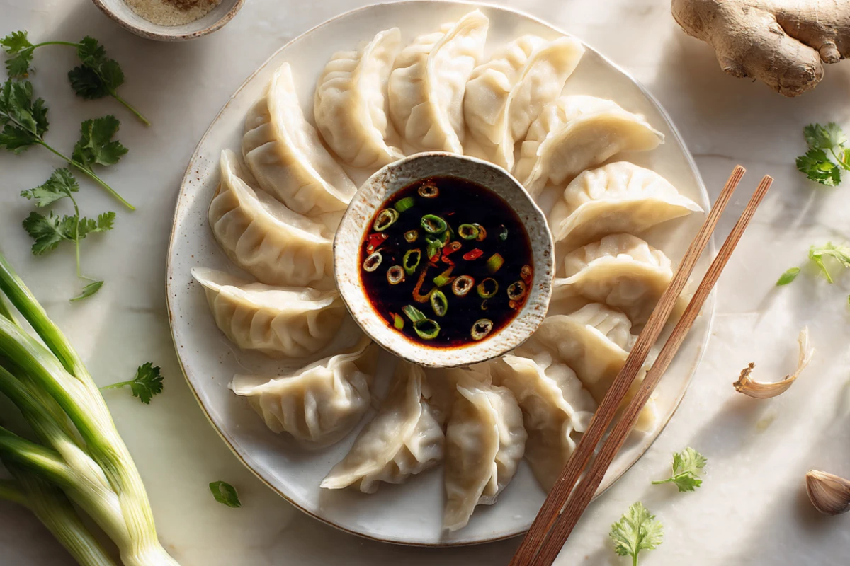 Homemade Chinese dumplings (jiaozi) arranged on a white plate with soy dipping sauce and chopsticks