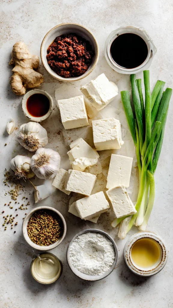 All ingredients needed for mapo tofu including silken tofu, ground pork, doubanjiang, aromatics, and seasonings arranged on marble surface
