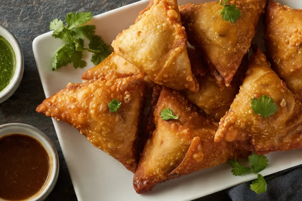 Golden brown triangular Indian samosas on white plate with mint chutney and tamarind sauce