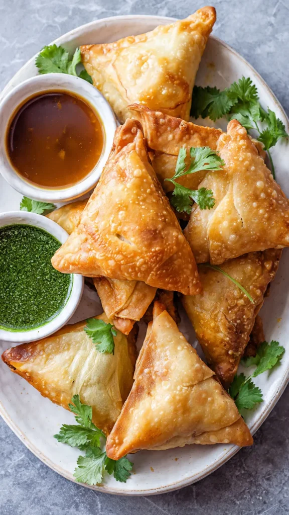 Golden brown triangular Indian samosas on white plate with mint chutney and tamarind sauce