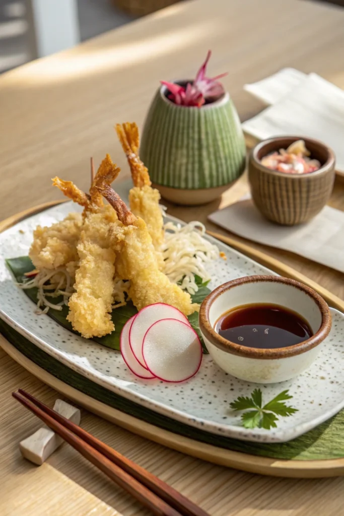 Crispy Japanese tempura platter served with traditional tentsuyu dipping sauce and daikon radish