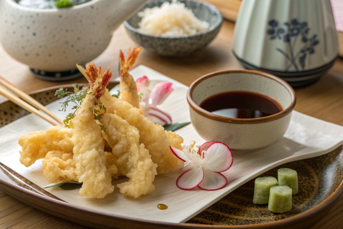 Crispy Japanese tempura platter served with traditional tentsuyu dipping sauce and daikon radish