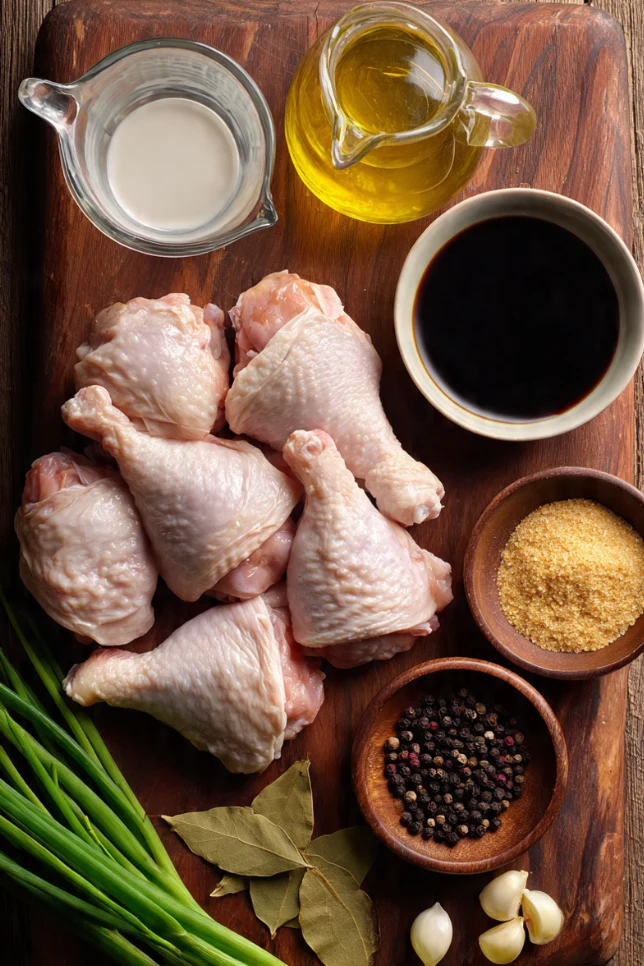 All ingredients for Filipino chicken adobo arranged on wooden board including chicken, soy sauce, vinegar, garlic, and peppercorns
