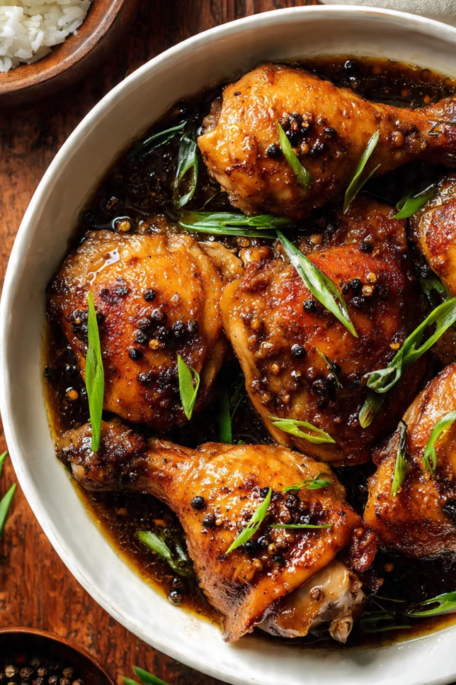 Filipino chicken adobo with tender chicken pieces in savory soy sauce and vinegar glaze served over white rice