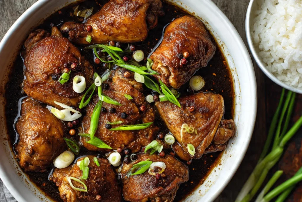 Filipino chicken adobo with tender chicken pieces in savory soy sauce and vinegar glaze served over white rice
