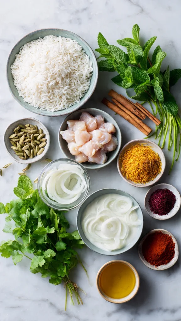 Organized display of Indian biryani ingredients including basmati rice, whole spices like cardamom, cinnamon and cloves, fresh cilantro, mint, yogurt, and chicken pieces on a marble surface