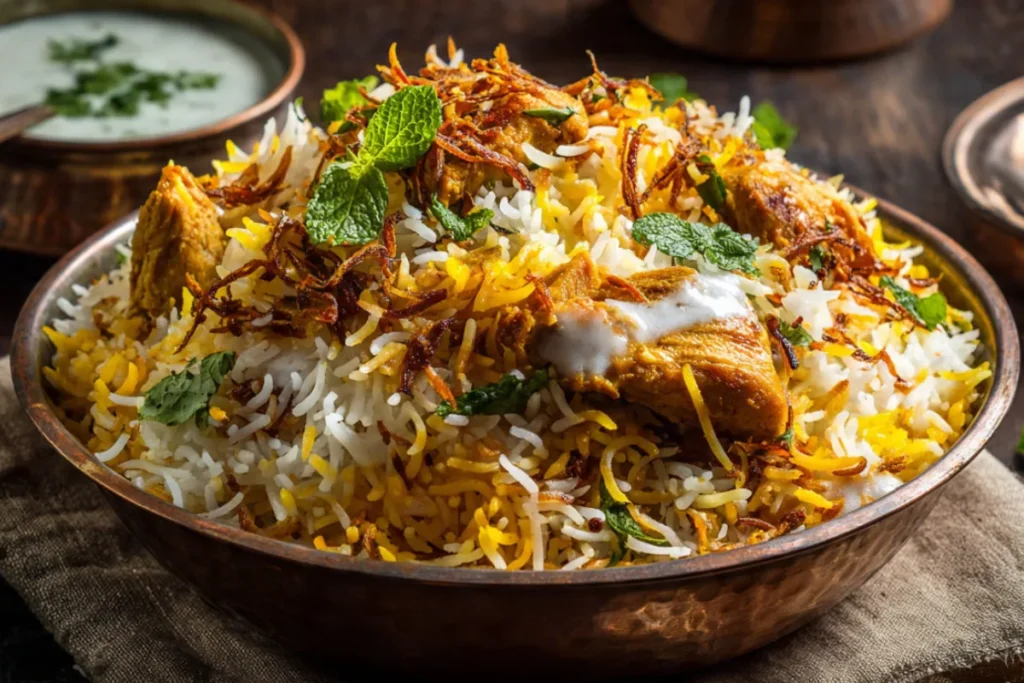 A bowl of authentic Indian biryani rice with golden saffron-tinted basmati rice, tender chicken pieces, caramelized onions, fresh cilantro and mint leaves, served in a traditional copper dish