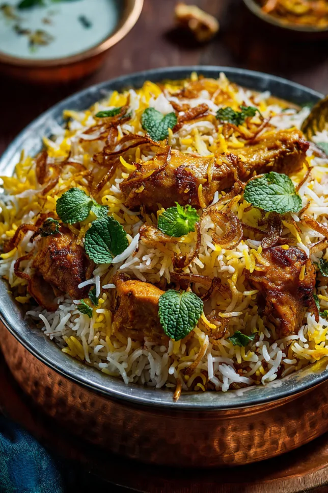 A bowl of authentic Indian biryani rice with golden saffron-tinted basmati rice, tender chicken pieces, caramelized onions, fresh cilantro and mint leaves, served in a traditional copper dish