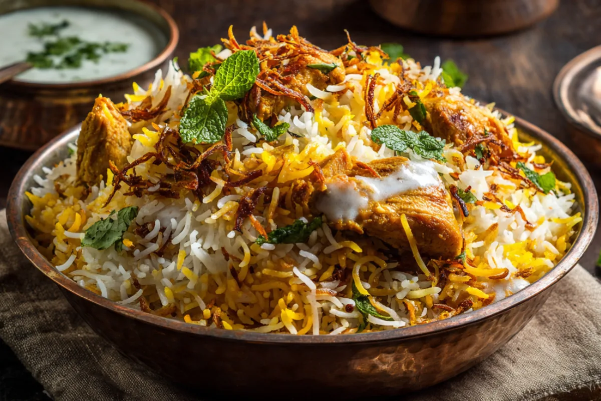 A bowl of authentic Indian biryani rice with golden saffron-tinted basmati rice, tender chicken pieces, caramelized onions, fresh cilantro and mint leaves, served in a traditional copper dish