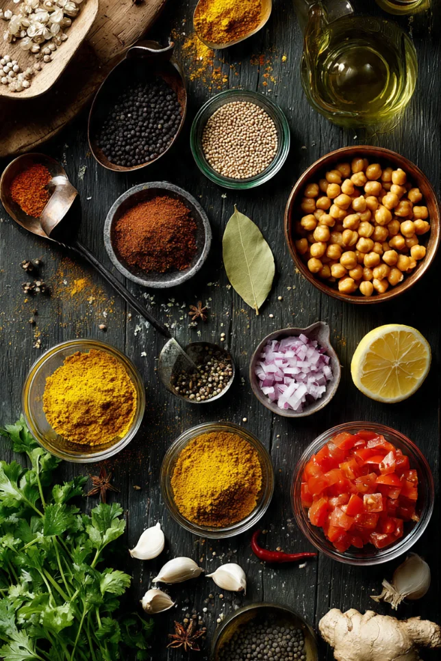 Overhead view of Indian chana masala ingredients including chickpeas, whole spices, ground spices, fresh tomatoes, onions, ginger, garlic, and cilantro arranged on dark wooden surface