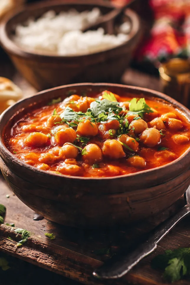 Bowl of Indian chana masala chickpea curry garnished with fresh cilantro served with naan bread and basmati rice on wooden table