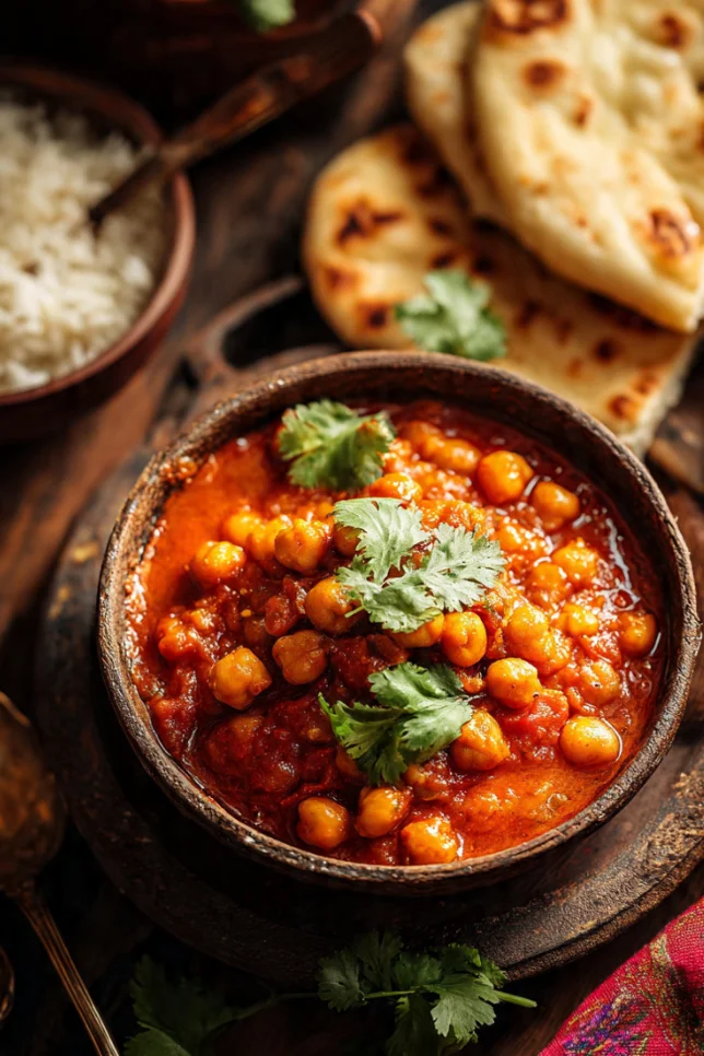 Bowl of Indian chana masala chickpea curry garnished with fresh cilantro served with naan bread and basmati rice on wooden table