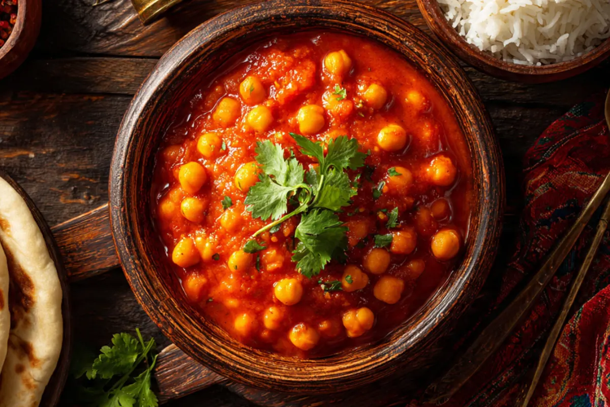 Bowl of Indian chana masala chickpea curry garnished with fresh cilantro served with naan bread and basmati rice on wooden table