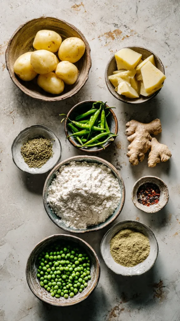 All ingredients needed for making Indian samosas laid out in bowls including flour, potatoes, peas and spices