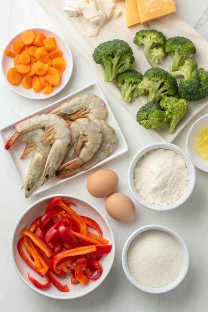 Fresh ingredients for Japanese tempura including shrimp vegetables and batter components